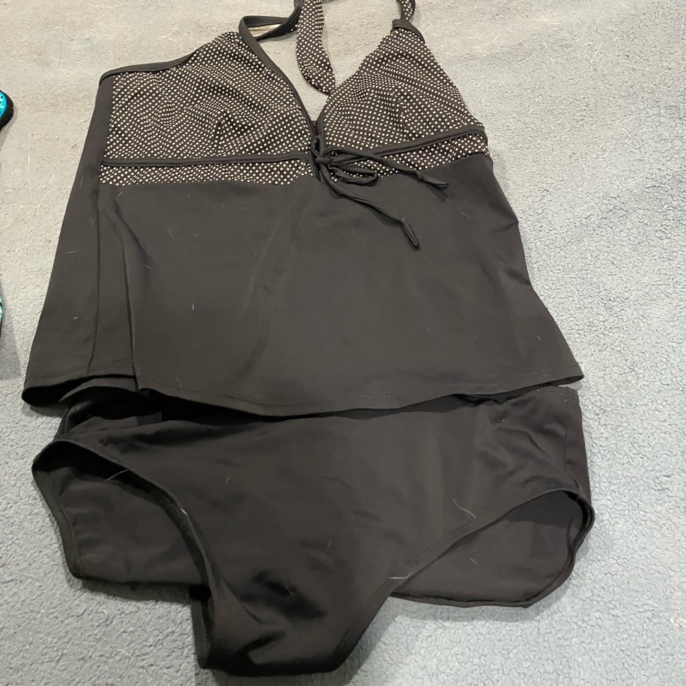 Elegant Black Halter Tankini with Polka Dots